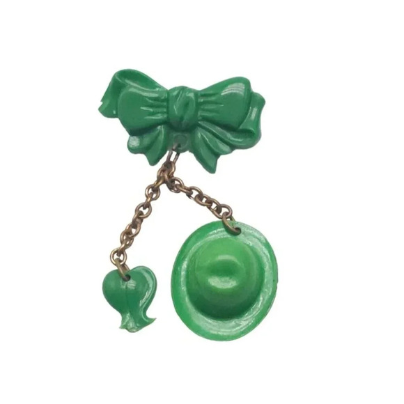 St. Patrick's Day Green Shamrock Leprechaun Hat Bow Brooch Pin VTG - Picture 1 of 5